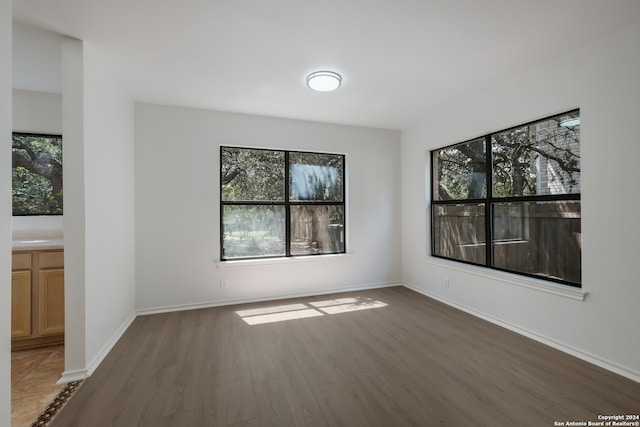 empty room with a wealth of natural light and dark hardwood / wood-style floors