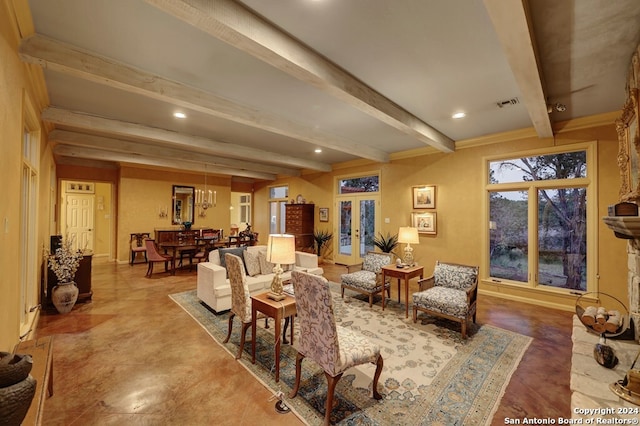 living room with beamed ceiling