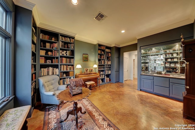 living area featuring built in shelves and ornamental molding