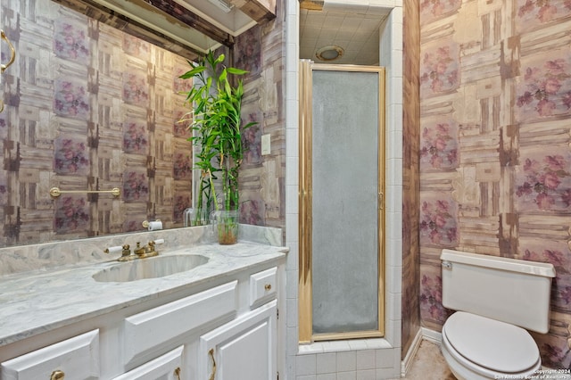 bathroom with vanity, toilet, and an enclosed shower