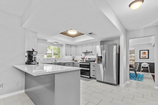 kitchen featuring backsplash, appliances with stainless steel finishes, kitchen peninsula, sink, and white cabinets