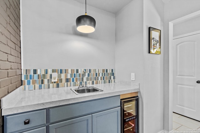 bathroom with tile patterned floors, backsplash, wine cooler, and vanity