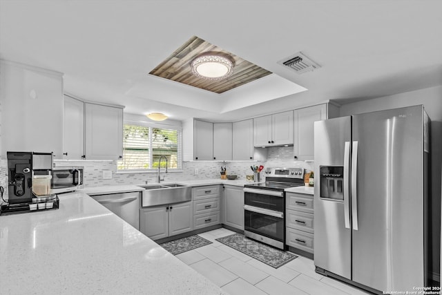 kitchen featuring a tray ceiling, white cabinets, stainless steel appliances, and sink