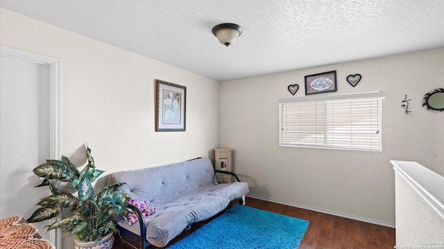 sitting room featuring a textured ceiling and dark wood-type flooring