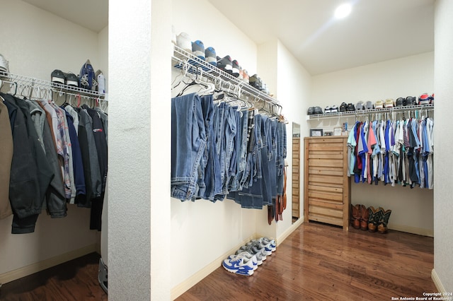 spacious closet with dark hardwood / wood-style floors