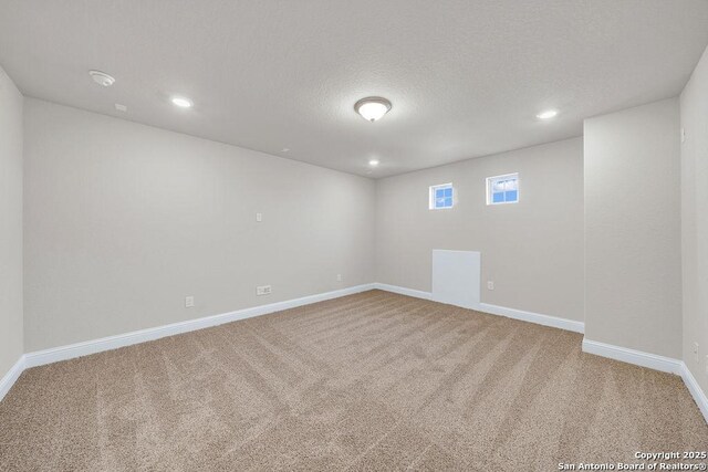 basement with a textured ceiling and carpet