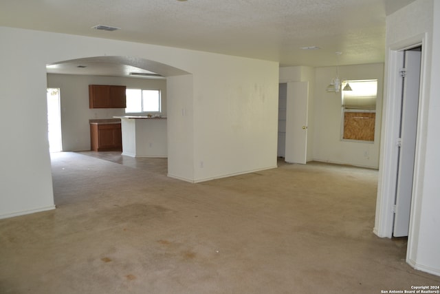 unfurnished room with a textured ceiling and light carpet