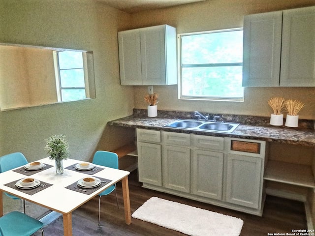 kitchen featuring dark countertops, dark wood-type flooring, and a sink