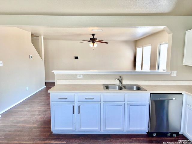 kitchen featuring white cabinetry, dishwasher, ceiling fan, dark hardwood / wood-style floors, and sink