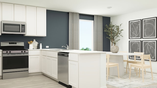 kitchen with light wood-type flooring, white cabinetry, stainless steel appliances, kitchen peninsula, and sink