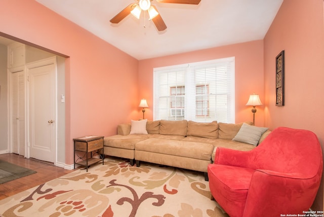 living room with ceiling fan and wood-type flooring