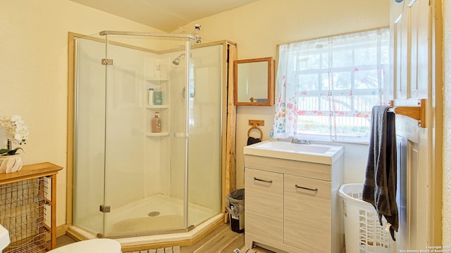 bathroom featuring wood-type flooring, an enclosed shower, vanity, and toilet