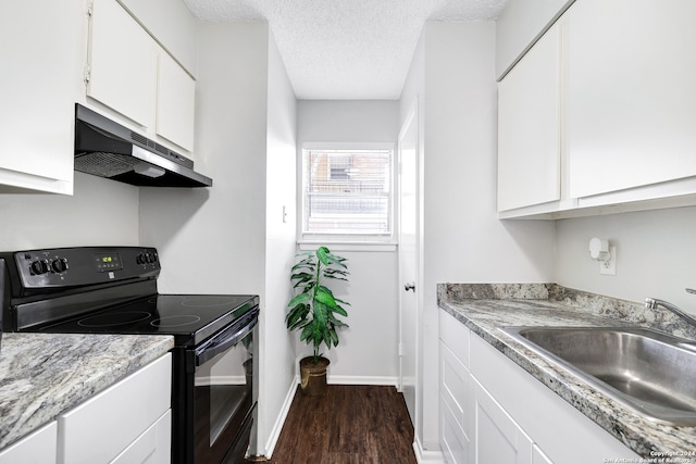 kitchen featuring ventilation hood, white cabinetry, sink, black electric range oven, and a textured ceiling