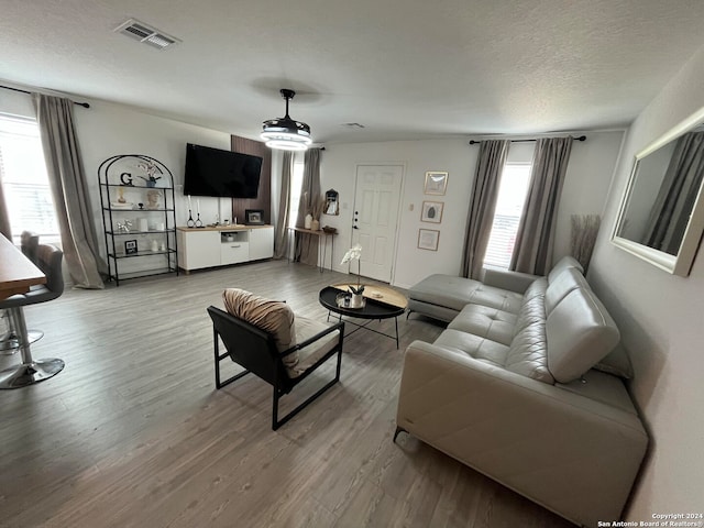 living room with wood-type flooring and a textured ceiling