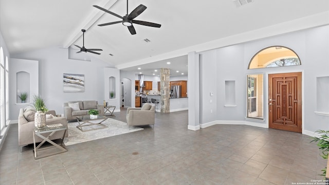 tiled living room with high vaulted ceiling, ceiling fan, and beamed ceiling