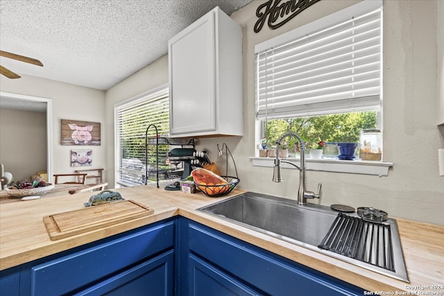 kitchen with hardwood / wood-style flooring, a textured ceiling, white cabinetry, and blue cabinetry