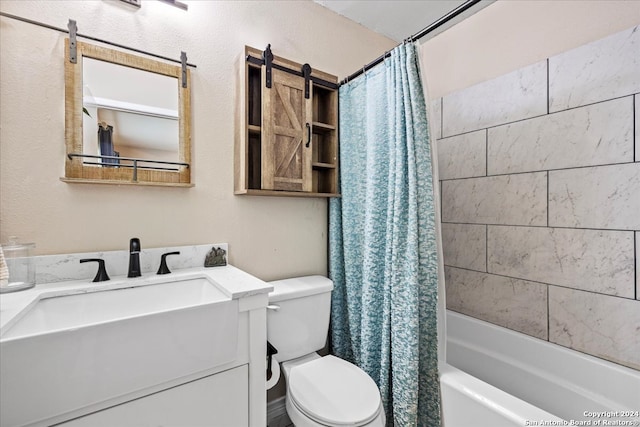 full bathroom with toilet, shower / tub combo with curtain, and vanity