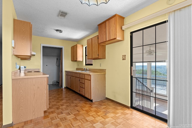 kitchen with a textured ceiling, ceiling fan, sink, and light parquet flooring