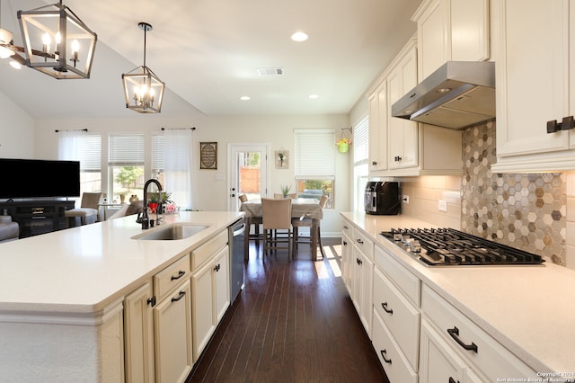 kitchen with ventilation hood, stainless steel appliances, a chandelier, sink, and a center island with sink