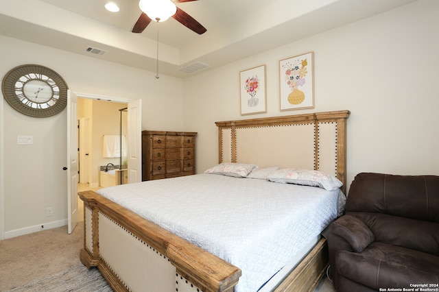 bedroom featuring light carpet and ceiling fan