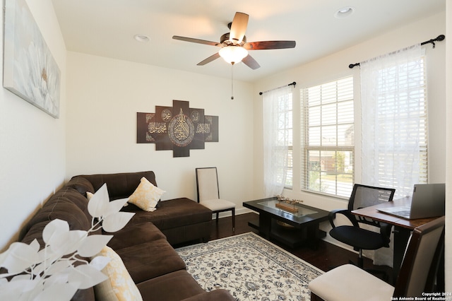 living room with ceiling fan and hardwood / wood-style floors