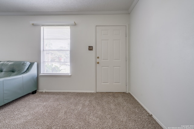 interior space with ornamental molding, light carpet, and a textured ceiling