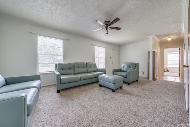 living room featuring crown molding, light colored carpet, ceiling fan, and a textured ceiling