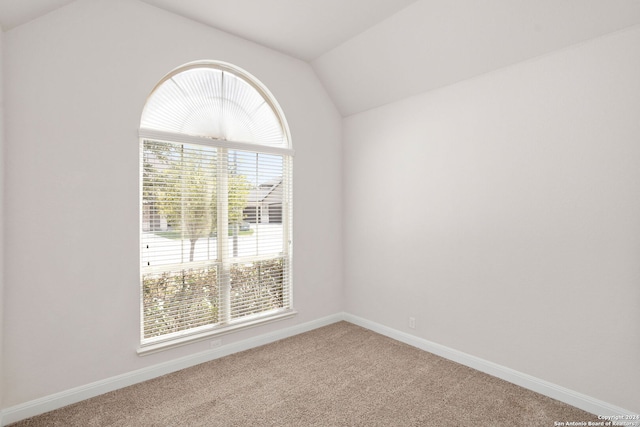 spare room featuring plenty of natural light, carpet, and vaulted ceiling