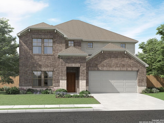 view of front facade featuring a front lawn and a garage