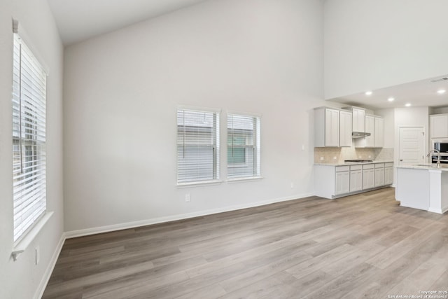 unfurnished living room with sink, light hardwood / wood-style flooring, and plenty of natural light