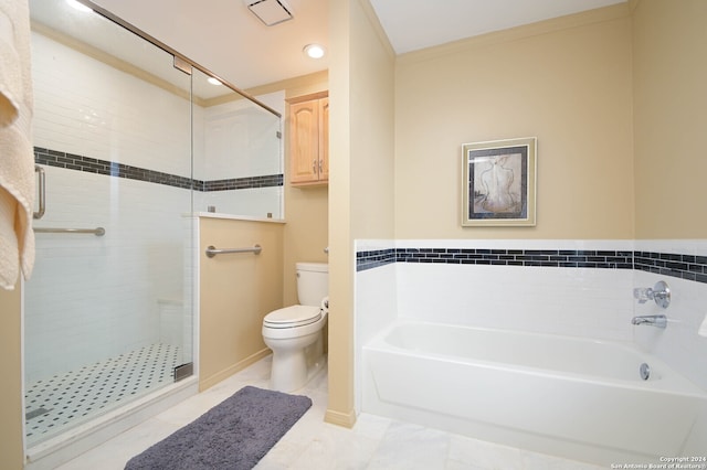 bathroom with plus walk in shower and toilet