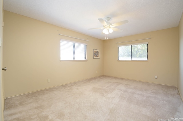 carpeted empty room with ceiling fan, plenty of natural light, and a textured ceiling