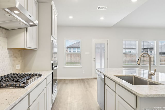 kitchen with light stone counters, stainless steel appliances, exhaust hood, and sink