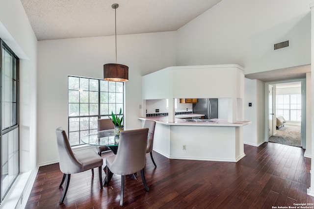 kitchen featuring pendant lighting, dark hardwood / wood-style flooring, high vaulted ceiling, and kitchen peninsula