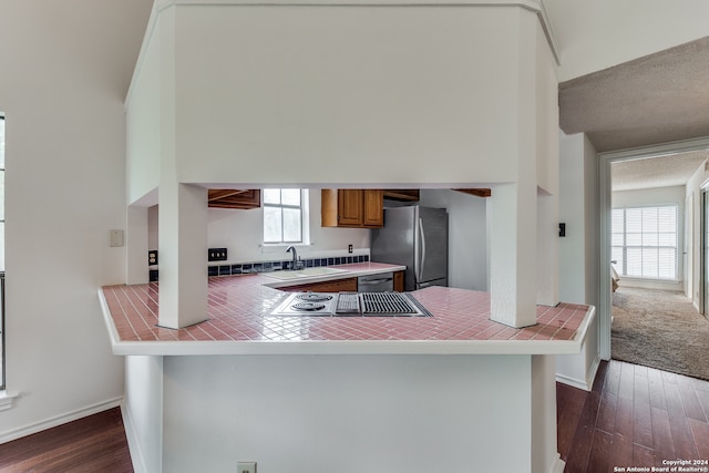 kitchen featuring appliances with stainless steel finishes, dark wood-type flooring, kitchen peninsula, and sink