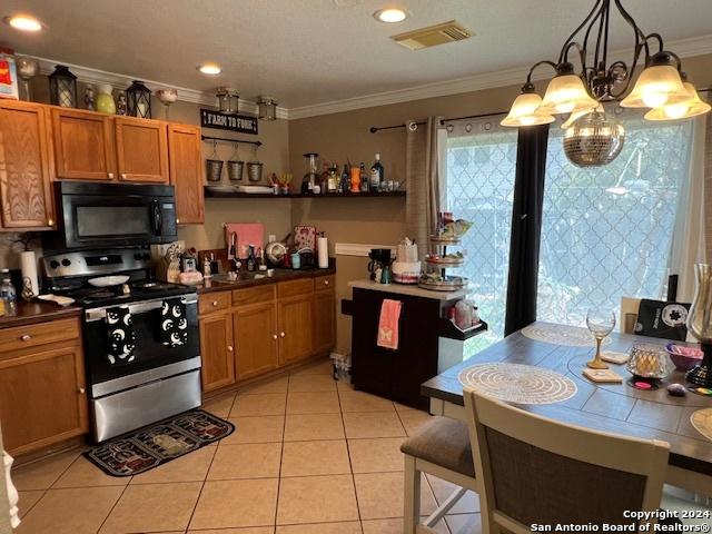 10131 Southern Sun, San Antonio, TX 78245 - kitchen with black microwave, electric range, ornamental molding, visible vents, and a sink