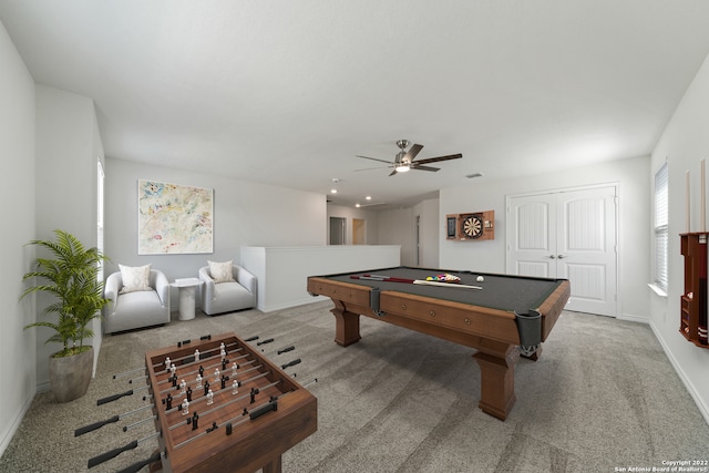 recreation room featuring billiards, ceiling fan, and carpet floors