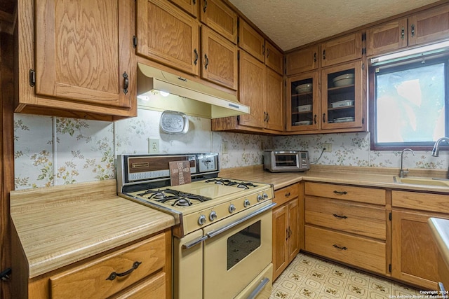 kitchen featuring a textured ceiling, white stove, and sink