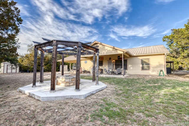 rear view of property featuring a storage unit, a patio, a pergola, a lawn, and central air condition unit