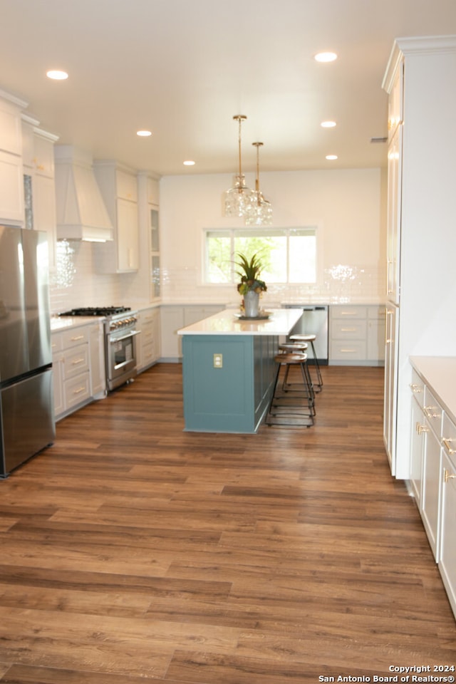 kitchen featuring premium range hood, stainless steel appliances, and white cabinets