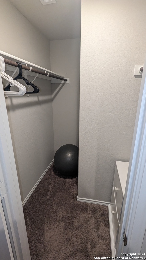 spacious closet featuring dark carpet