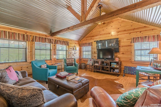 117 Hawk Rd, Fredericksburg, TX 78624 - living room with wooden walls, a healthy amount of sunlight, and hardwood / wood-style flooring