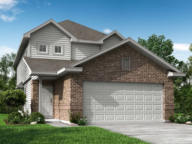 front facade featuring a garage and a front lawn