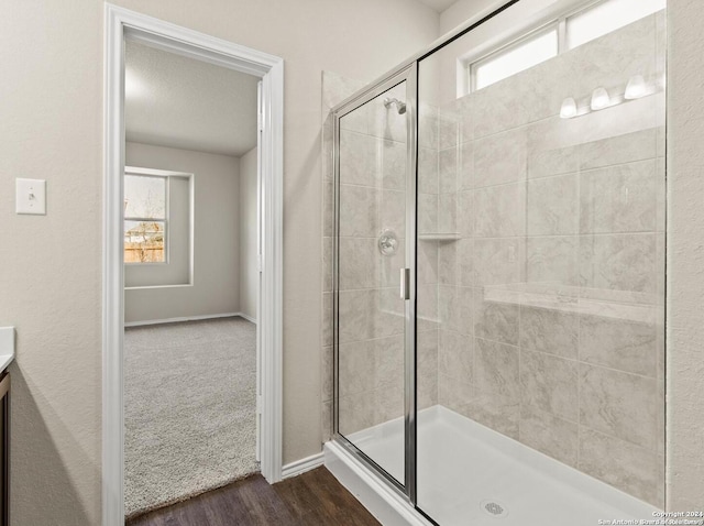 bathroom with wood-type flooring, an enclosed shower, and vanity