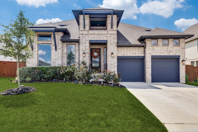 view of front facade with a front yard and a garage