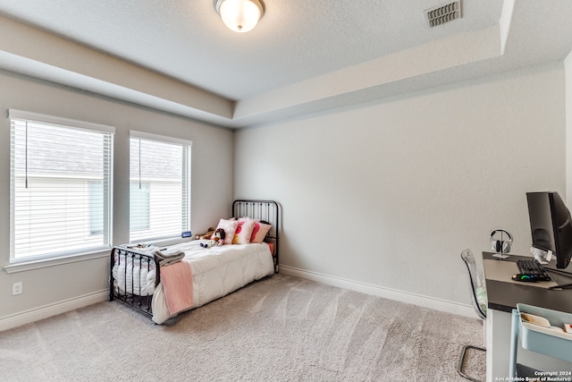 bedroom featuring light carpet, a textured ceiling, and a raised ceiling