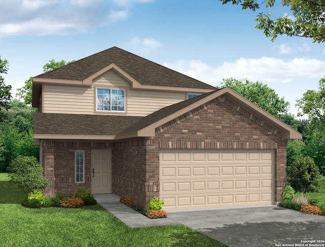 view of front of house with a front yard and a garage