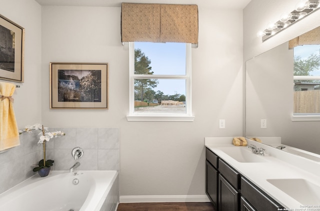 bathroom with vanity, wood-type flooring, and a bathtub