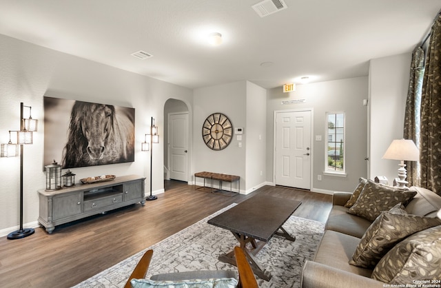 living room featuring dark wood-type flooring