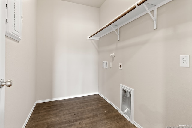 clothes washing area with gas dryer hookup, hookup for a washing machine, dark hardwood / wood-style floors, and hookup for an electric dryer